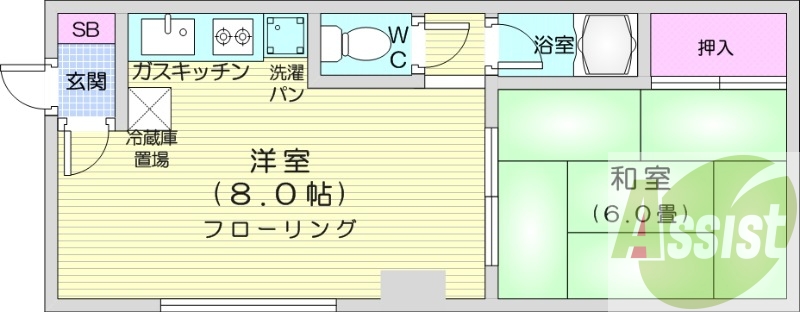1LDK、灯油暖房、バス・トイレ別、室内洗濯機置場