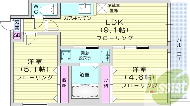 2DK、ネット無料、エアコン、浴室乾燥、オートロック