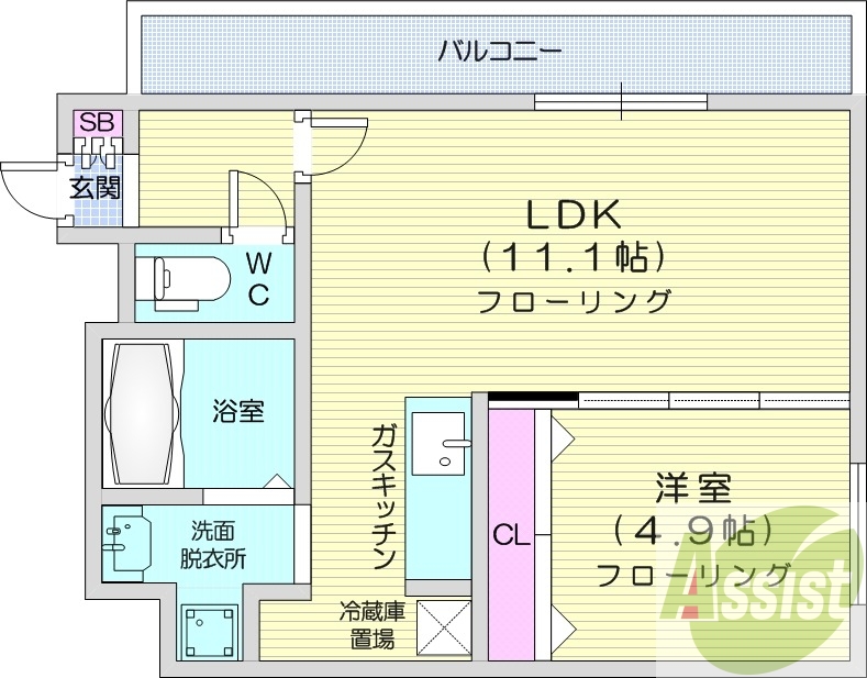 1LDK、エアコン、灯油暖房、バス・トイレ別