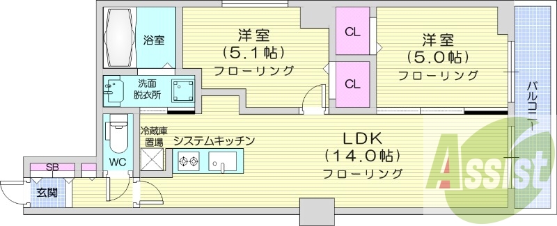 2LDK、都市ガス、追い焚き、エアコン、システムキッチン