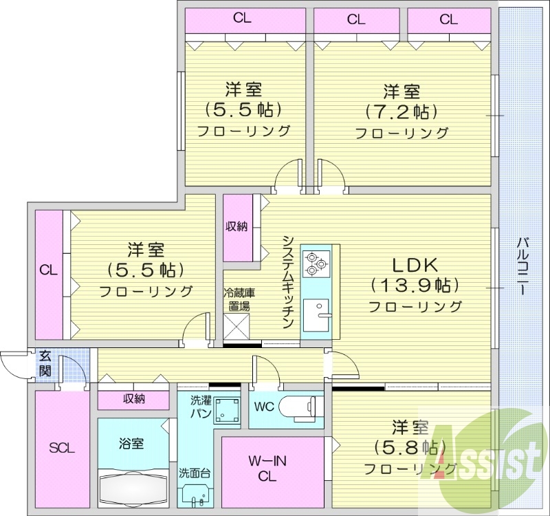 4LDK、都市ガス、ウォークインクローゼット、追い炊き