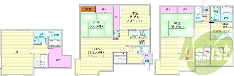 4LDK、システムキッチン、エアコン、独立洗面台