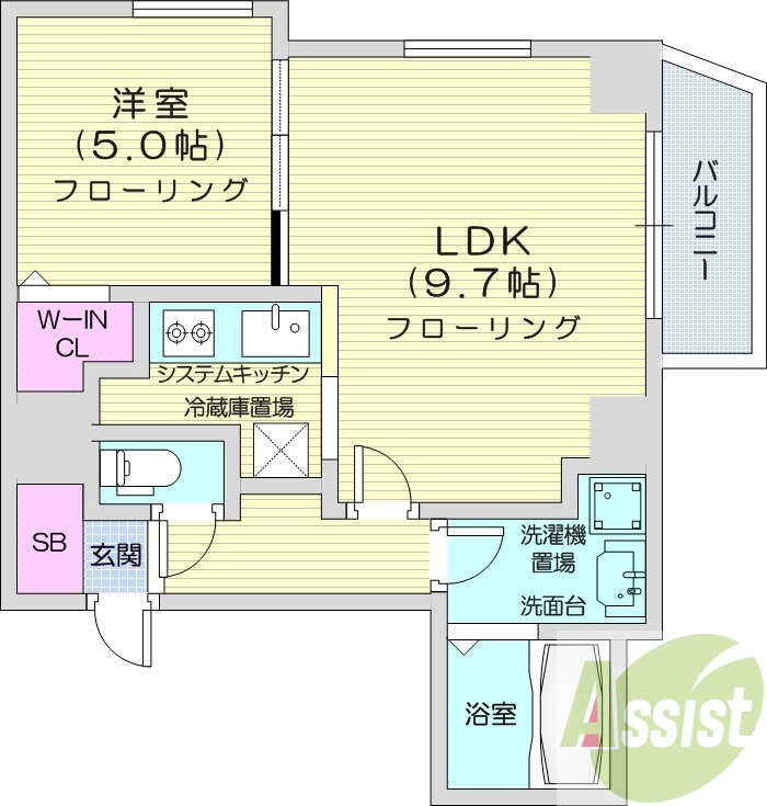 1LDK、都市ガス、エアコン、ガス暖房、システムキッチン