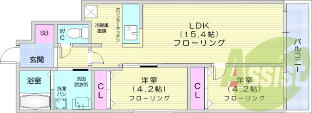 2LDK、インターネット無料、オートロック、エレベーター