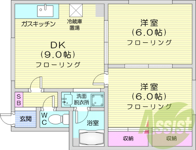 2DK、シャンプードレッサー、独立洗面台