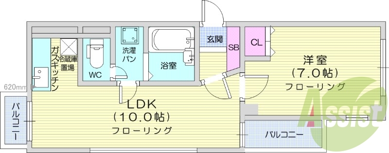 １LDK収納スペース、ユニットバス、バルコニー