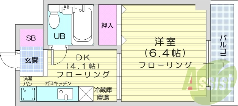 1DK、バルコニー、ユニットバス、ガスキッチン