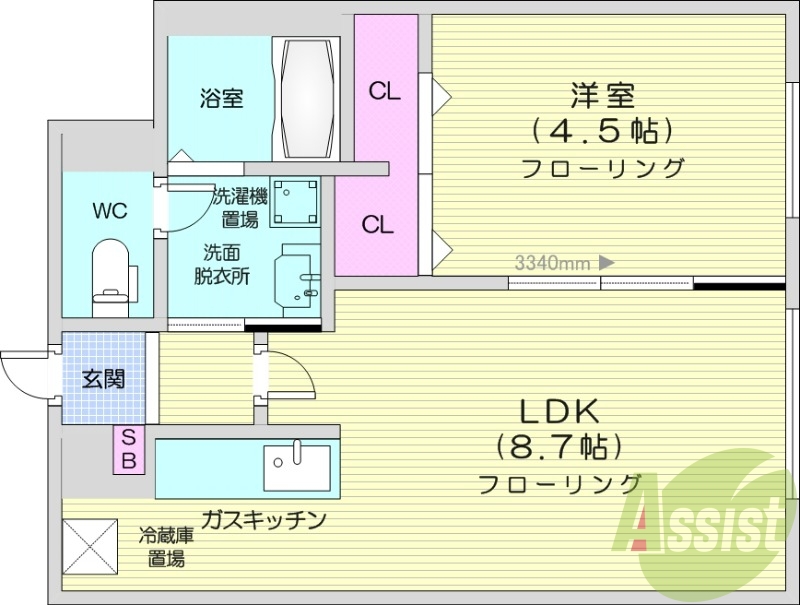 1LDK、浴室乾燥機、シューズボックス、クローゼット