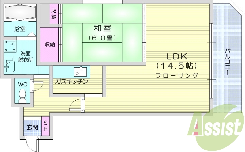 1LDK、角部屋、バストイレ別、ネット無料