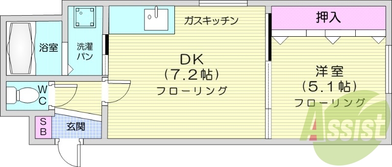 1DK、角部屋、バストイレ別、シューズボックス