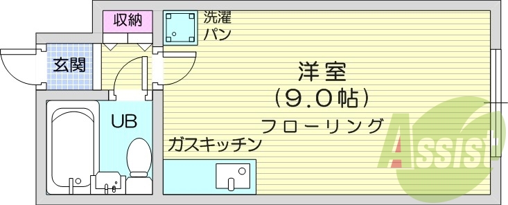 1R、都市ガス、オートロック、室内洗濯機置き場、収納