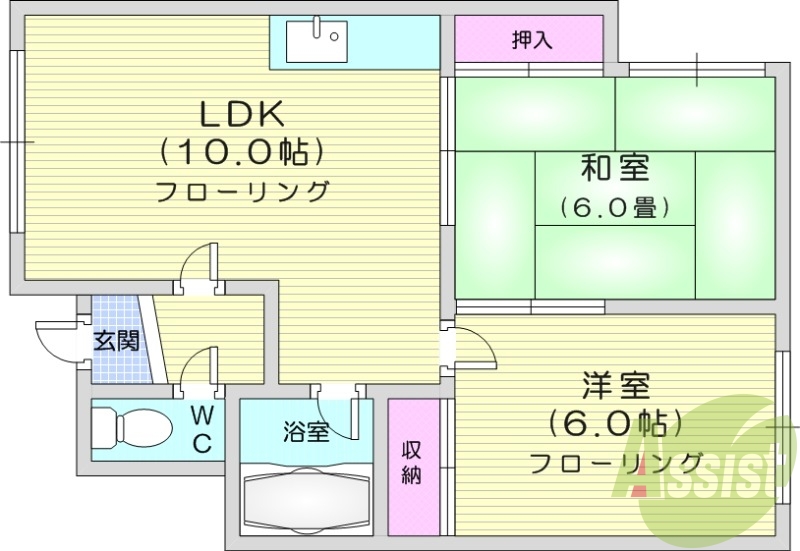 2LDK、収納、洗濯機置場、灯油暖房、都市ガス