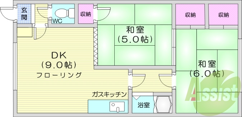 2DK、収納、洗濯機置場、灯油暖房、角部屋