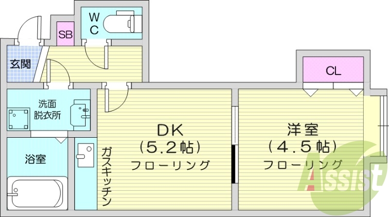 1DK、バストイレ別、洗面化粧台、ウォシュレット