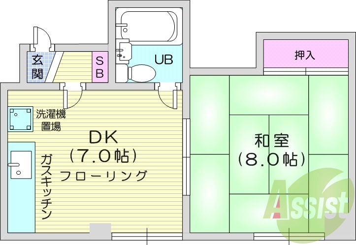 1DK、最上階、給湯ガス、暖房灯油FF、収納