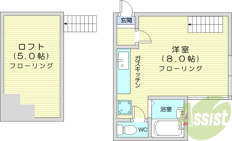 1R、角部屋、バストイレ別、ロフト、灯油FF暖房