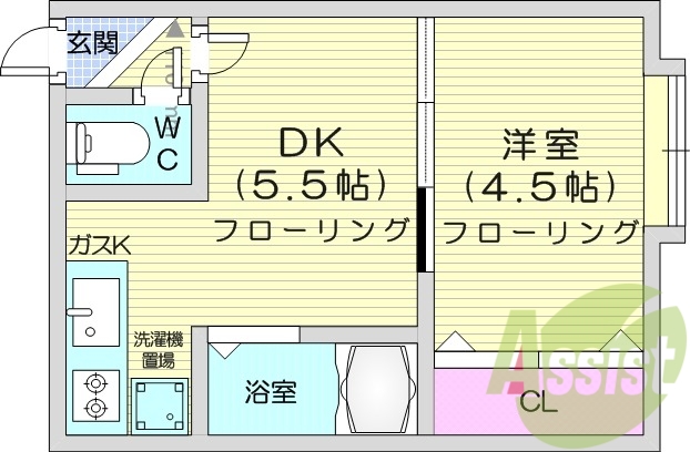 1DK、灯油FF暖房、バストイレ別、角部屋