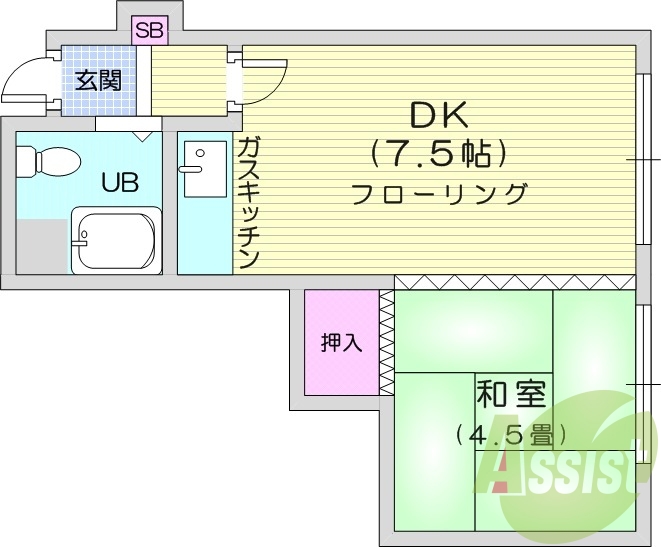 1DK、シューズボックス、ガスキッチン、押入