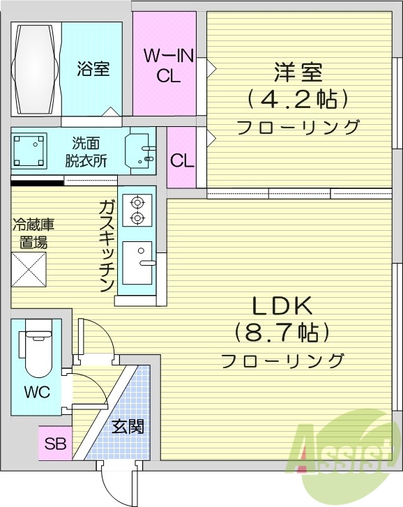 1LDK、独立洗面台、バストイレ別、エアコン、灯油暖房