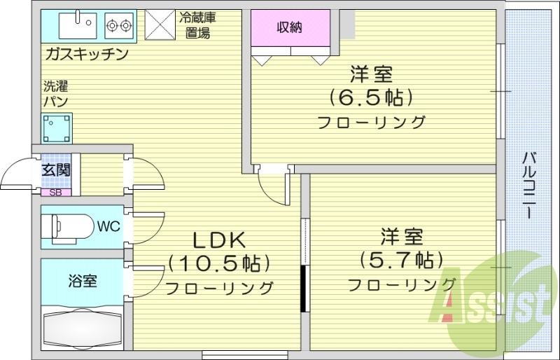 2LDK、バストイレ別、独立洗面台、灯油FF暖房