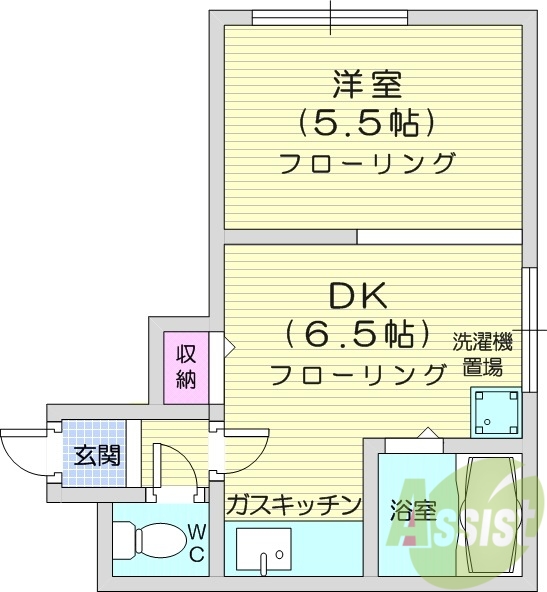 1DK、バストイレ別、収納、洗濯機置場、ガスキッチン