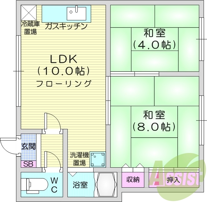 2LDK、灯油FF暖房、最上階、シャワートイレ