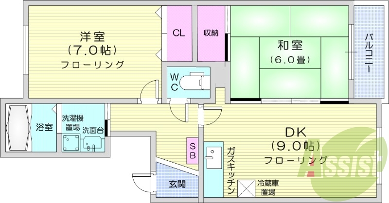2LDK、独立洗面台、バルコニー、バス・トイレ別
