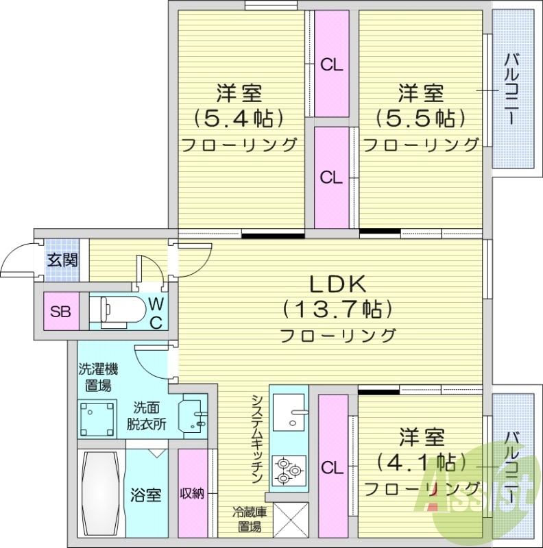 3LDK、バストイレ別、エアコン、ガスFF暖房