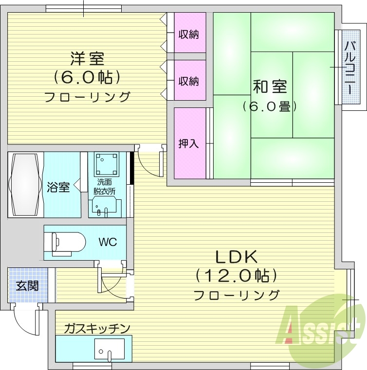 2LDK、角部屋、都市ガス、バストイレ別、インターホン