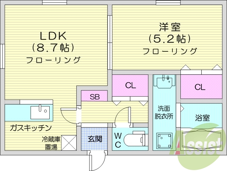 1LDK、バストイレ別、灯油FF暖房、独立洗面台
