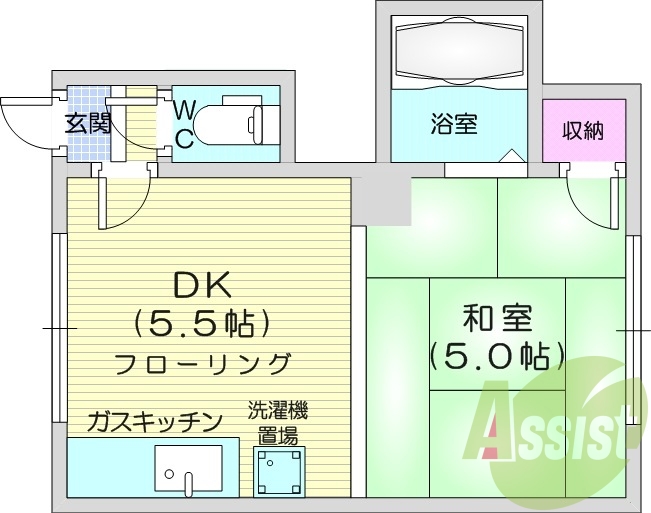1DK、押入、バストイレ別、ガスキッチン、洗濯機置場