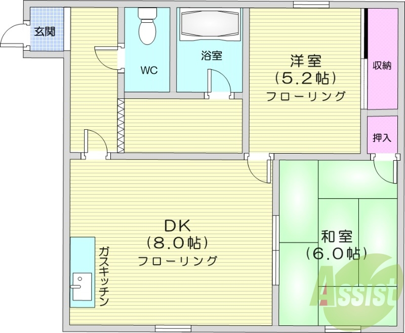 2DK、角部屋、ペット対応、バストイレ別