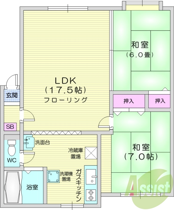 2LDK、駐車場あり、独立洗面台、日当たり良好