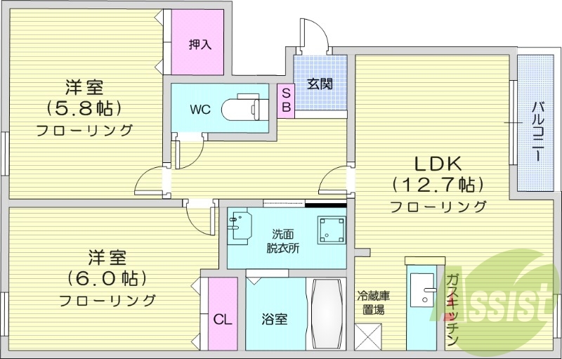 2LDK、角部屋、バストイレ別、独立洗面台、ウォシュレット