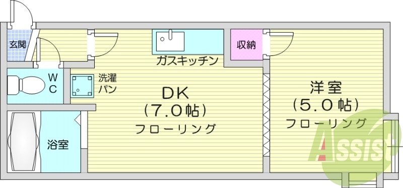 1DK、角部屋、バストイレ別、灯油FF暖房