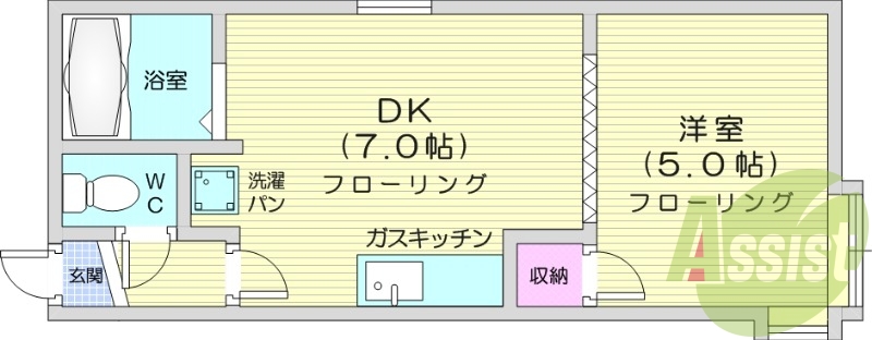 1DK、エアコン、バストイレ別、シャワートイレ