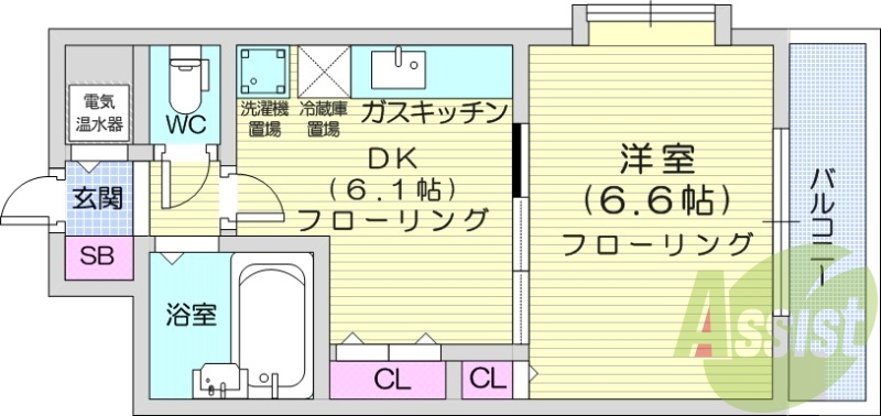 1DK、都市ガス、バストイレ別、オートロック