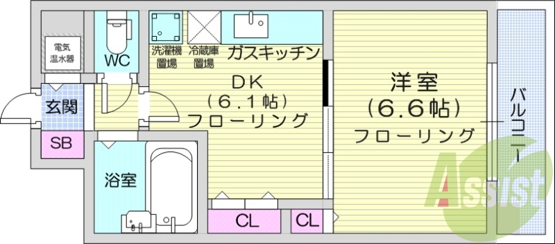 1DK、都市ガス、バストイレ別、電気温水器