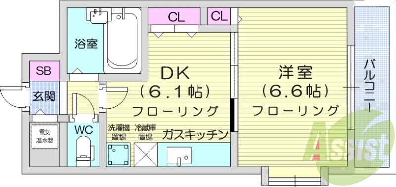 1DK、都市ガス、電気温水器、バストイレ別