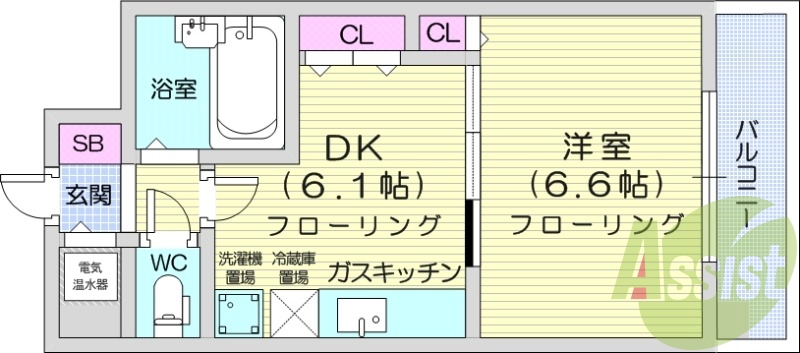 1DK、都市ガス、バストイレ別、電気温水器
