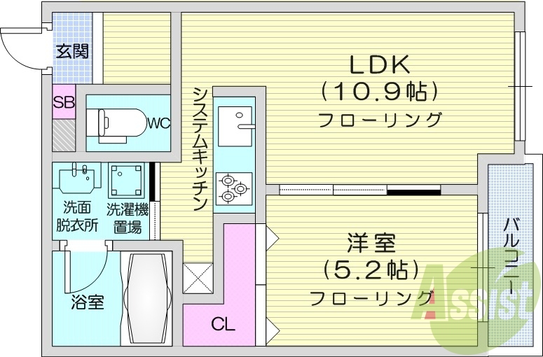 1LDK、オートロック、エアコン、システムキッチン