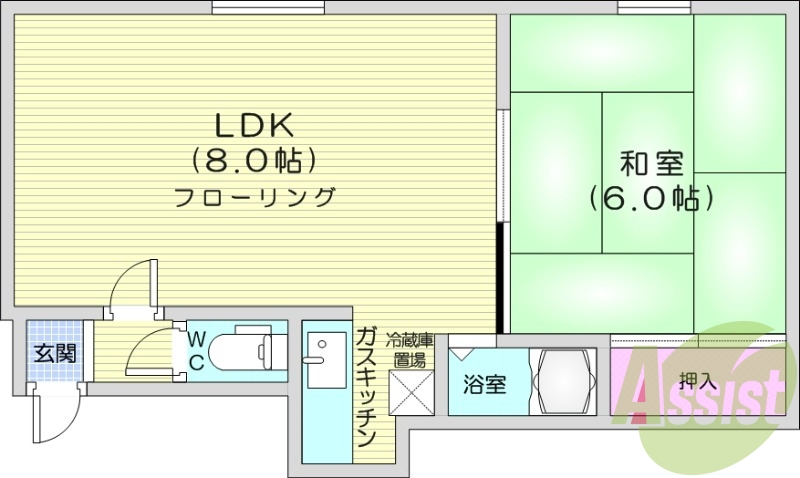 1LDK、収納、バストイレ別、シャワートイレ
