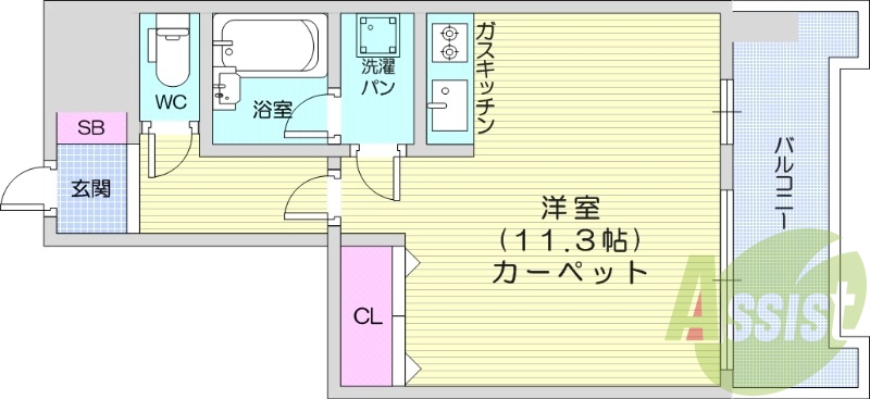 1R、バストイレ別、システムガスキッチン、クローゼット