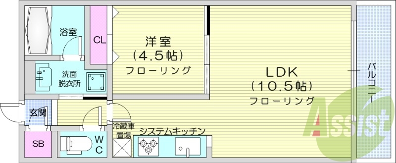 1LDK、角部屋、都市ガス、システムキッチン、ガスFF暖房