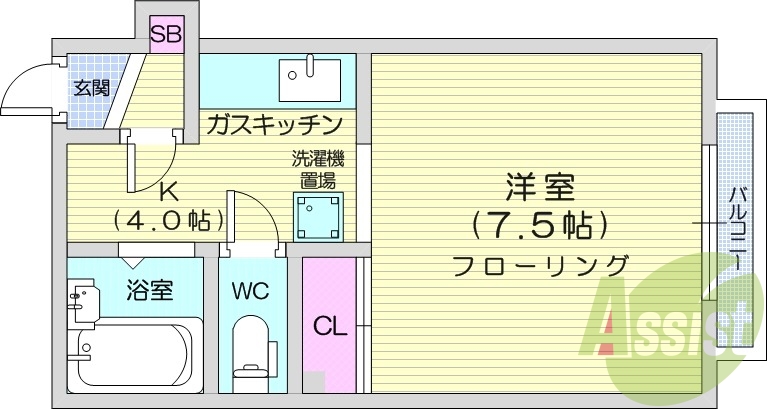 1K、バストイレ別、ガスFF暖房、ウォシュレット