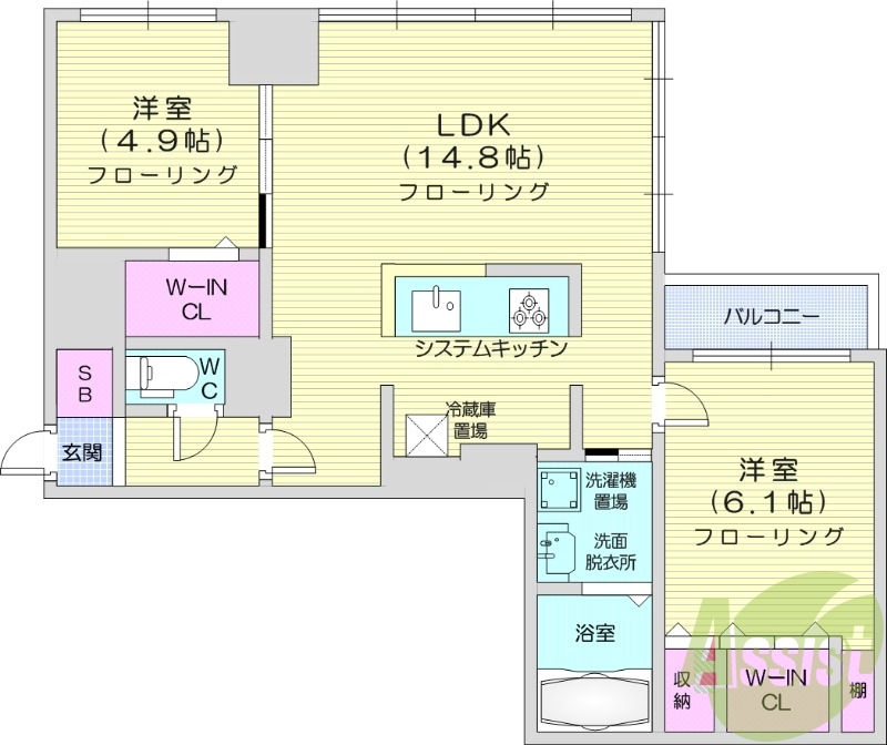 2LDK、ウォークインクローゼット、洗面脱衣所