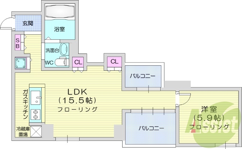 1LDK、都市ガス、システムキッチン、灯油FF暖房