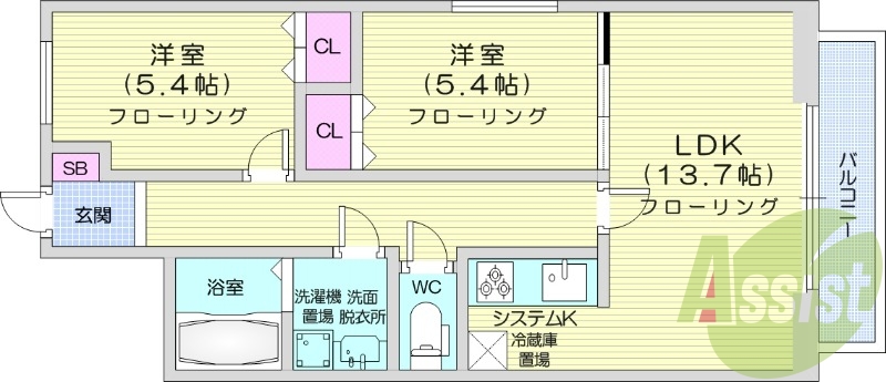 2LDK、オートロック、都市ガス、駐車場確定であり
