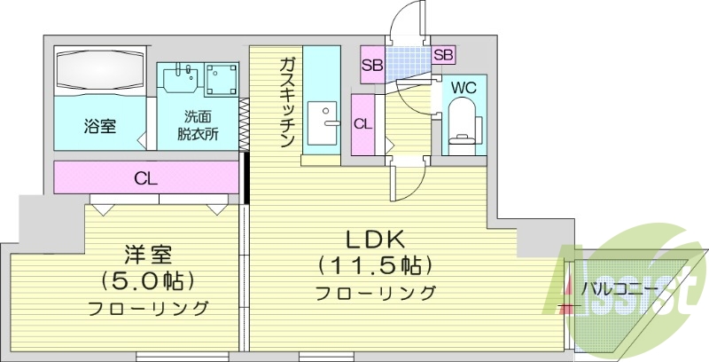 1LDK、オートロック、角部屋、ネット無料、風呂トイレ別