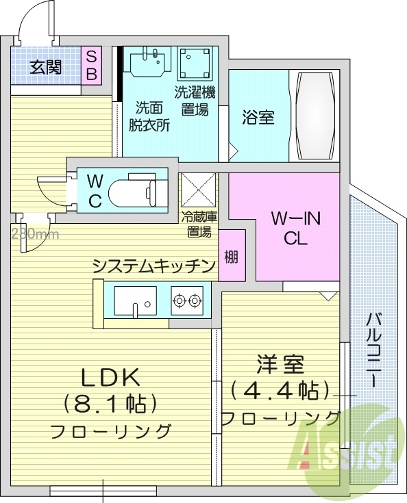1LDK、ウォークインクローゼット、洗面脱衣所、バルコニー